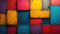 Vibrant colorful square tiles arranged in dynamic pattern on wall. Worn distressed texture, grunge effect add depth, visual Royalty Free Stock Photo