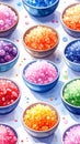 Vibrant Colorful Sugar Crystals in Bowls on a White Background Royalty Free Stock Photo