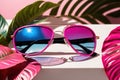 Vibrant colorful tropical vacation theme, with pastel blue and pink sunglasses