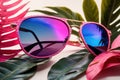 Vibrant colorful tropical vacation theme, with pastel blue and pink sunglasses