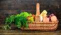 Vibrant and colorful vegetables. Homegrown vegetables. Fresh organic vegetables wicker basket. Fall harvest concept Royalty Free Stock Photo