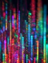 Vibrant colorful vertical light patterns create an abstract futuristic cityscape effect with glowing lines and digital pixel-like Royalty Free Stock Photo