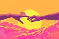 A vibrant and colorful visual exploring connection. Two hands reaching towards each other against a bright sunset