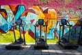 A vibrant and colorful wall serves as the backdrop for a neat row of treads, Fitness equipment set against the backdrop of vivid