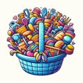 Vibrant, colorful wicker basket filled with various school supplies for children