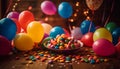 Vibrant colors, confetti, balloons, candy celebration event generated by AI