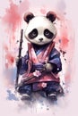 Vibrant colors. Cute adorable baby panda samurai watercolor. Beautiful illustration picture. Generative AI