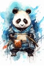 Vibrant colors. Cute adorable baby panda samurai watercolor. Beautiful illustration picture. Generative AI