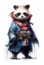 Vibrant colors. Cute adorable baby panda samurai watercolor. Beautiful illustration picture. Generative AI