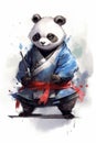 Vibrant colors. Cute adorable baby panda samurai watercolor. Beautiful illustration picture. Generative AI