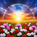 the setting sun surrounded by clouds and rainbow over a flower field, surreal, dreamlike landscape, stylized - of painting style Royalty Free Stock Photo