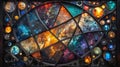Intricately crafted, this mosaic artwork offers abstract depictions of celestial bodies and cosmic events.