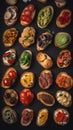 vibrant colors and irresistible aromas of Italian assorted bruschettas on black background.