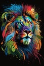 Vibrant colors lion head, painting portrait artwork style over black background