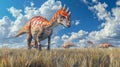 The vibrant colors of a Parasaurolophus stand out against the tall gres of the savannah its distinctive crest used for Royalty Free Stock Photo