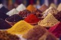 Piles of spices on display at a Moroccan souk market in a medina, generative AI