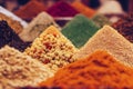 Piles of spices on display at a Moroccan souk market in a medina, generative AI Royalty Free Stock Photo