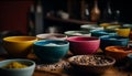 Vibrant colors in pottery bowl, homemade decoration generated by AI