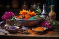 Vibrant colors and spices. traditional indian holi colours and spices on dark rustic backdrop Royalty Free Stock Photo