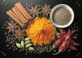 Vibrant colors and textures of the spices, emphasizing their use in Royalty Free Stock Photo