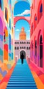 Vibrant Colorscape Illustration Of A Man Walking By A Palace And Tower