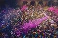 Vibrant colours whirled in air at Bankey Bihari Temple Royalty Free Stock Photo