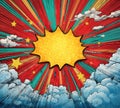 Colorful comic book explosion background with dramatic clouds and bright stars Royalty Free Stock Photo