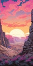 Vibrant Comic Book Landscape: Detailed Rock Hills At Sunset