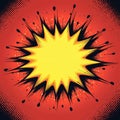 Vibrant comic book style background features bright yellow explosion burst shape in center. Retro red backdrop halftone dots in Royalty Free Stock Photo