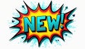 Vibrant comic book style burst graphic announcing arrival of new items with bold teal text on yellow background surrounded by Royalty Free Stock Photo