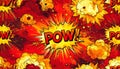 Vibrant comic book style explosion background with multiple POW text bubbles and yellow orange clouds on red Royalty Free Stock Photo