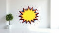 Vibrant comic book style explosion graphic on a white wall with a small potted plant. Generative AI Royalty Free Stock Photo