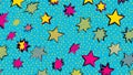 Vibrant comic book style seamless pattern featuring various jagged and explosive star shapes in bright yellow and shocking pink Royalty Free Stock Photo