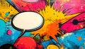 Vibrant Comic Book Style Speech Bubble Background with Explosions and Dots Keywords: comic book, speech bubble Royalty Free Stock Photo