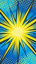 A vibrant comic-style explosion with a bright yellow burst at the center radiating dynamic lines against a blue background with Royalty Free Stock Photo
