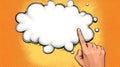 A vibrant comic-style image featuring a hand pointing at a blank speech bubble against a bright orange background Royalty Free Stock Photo