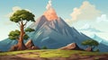 Vibrant Comics Style Volcano Scene With Trees And Mountains