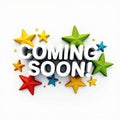 Vibrant \'Coming Soon!\' text surrounded by colorful stars on a clean white background. Royalty Free Stock Photo