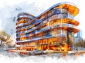 Vibrant Commercial Building Architectural Painting with Parked Cars, Ideal for T-Shirt and Art Enthusiasts