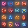 Vibrant community icons, neon on frosted glass.
