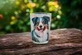 Vibrant companion glass features colorful Australian shepherd dog