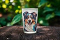 Vibrant companion glass features colorful Australian shepherd dog