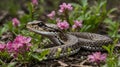 Vibrant Spring Landscape: Eastern Massasauga Coiled Among Blossoming Flowers Royalty Free Stock Photo