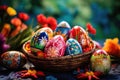 A vibrant composition featuring a basket filled with Easter eggs in different colors, set amidst the beauty of Royalty Free Stock Photo