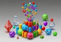 Spheres, cubes, and other polyhedra in bright colors, adorned Royalty Free Stock Photo
