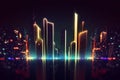 Vibrant composition of a futuristic cityscape illuminated by night neon lights.