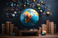 Vibrant composition, globe surrounded by an array of colorful books