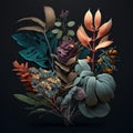 a vibrant composition of luscious floral and foliage elements on a dark background Royalty Free Stock Photo