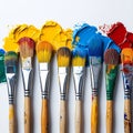 Chromatic Harmony: Array of Paintbrushes Imprinting Vivid Pigments on White Canvas Royalty Free Stock Photo