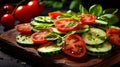 Vibrant composition of sliced zucchini and cherry tomatoes on a kitchen board in soft diffused light